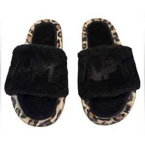 NEW APL Athletic Propulsion Labs Shearling Fur Logo Slides Black Leopard 7